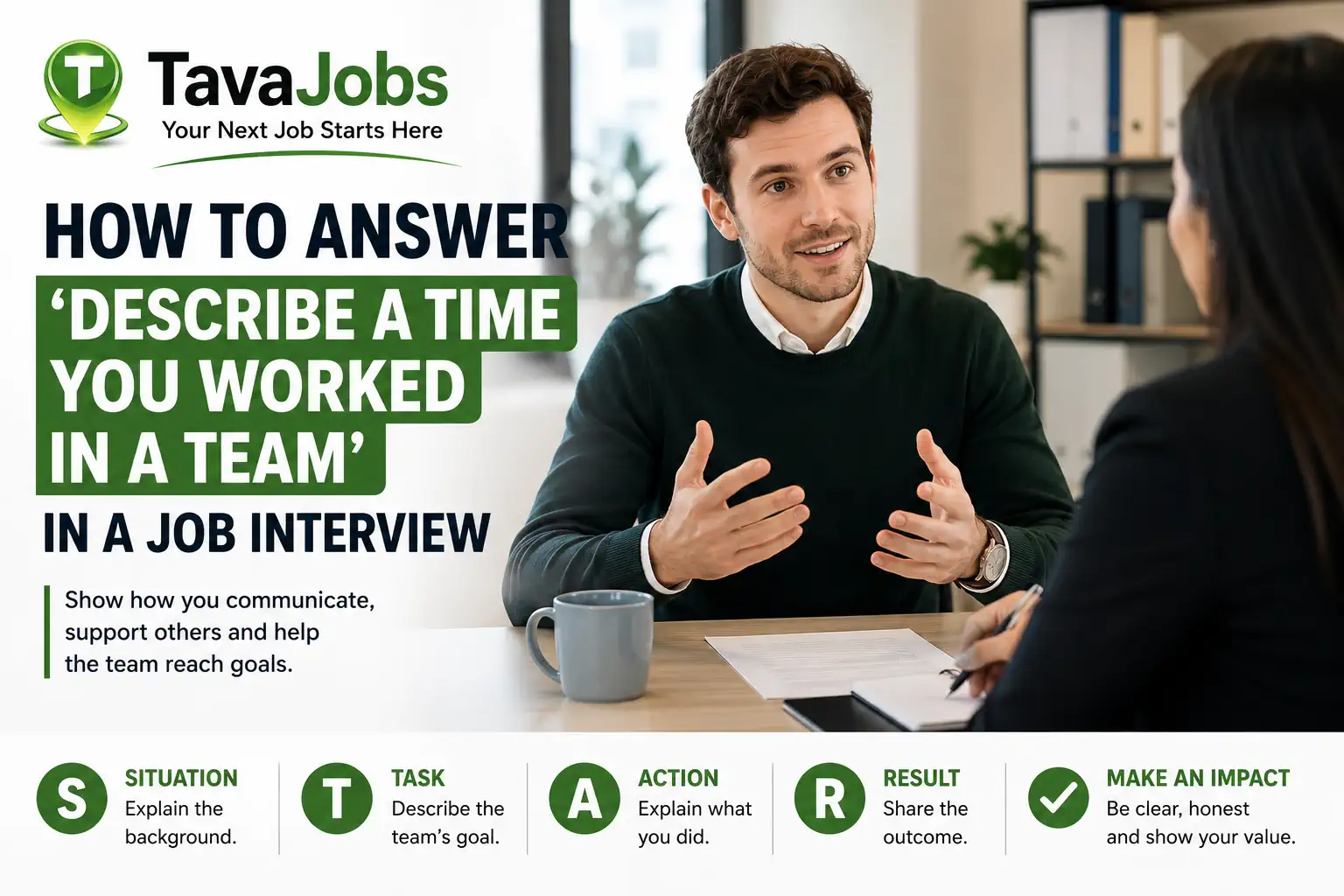 A professional teamwork interview image showing people collaborating, with advice on answering describe a time you worked in a team.