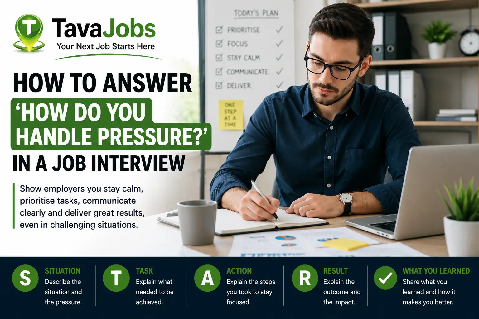 A professional interview image showing a job candidate explaining how they stay calm, prioritise tasks and handle pressure at work.