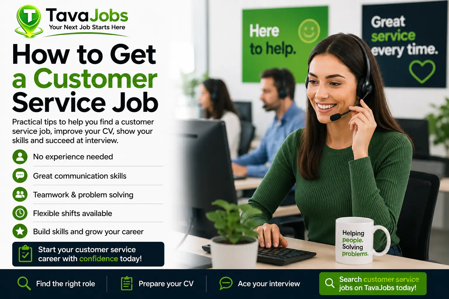 Customer service advisor wearing a headset while helping customers and showing job search tips
