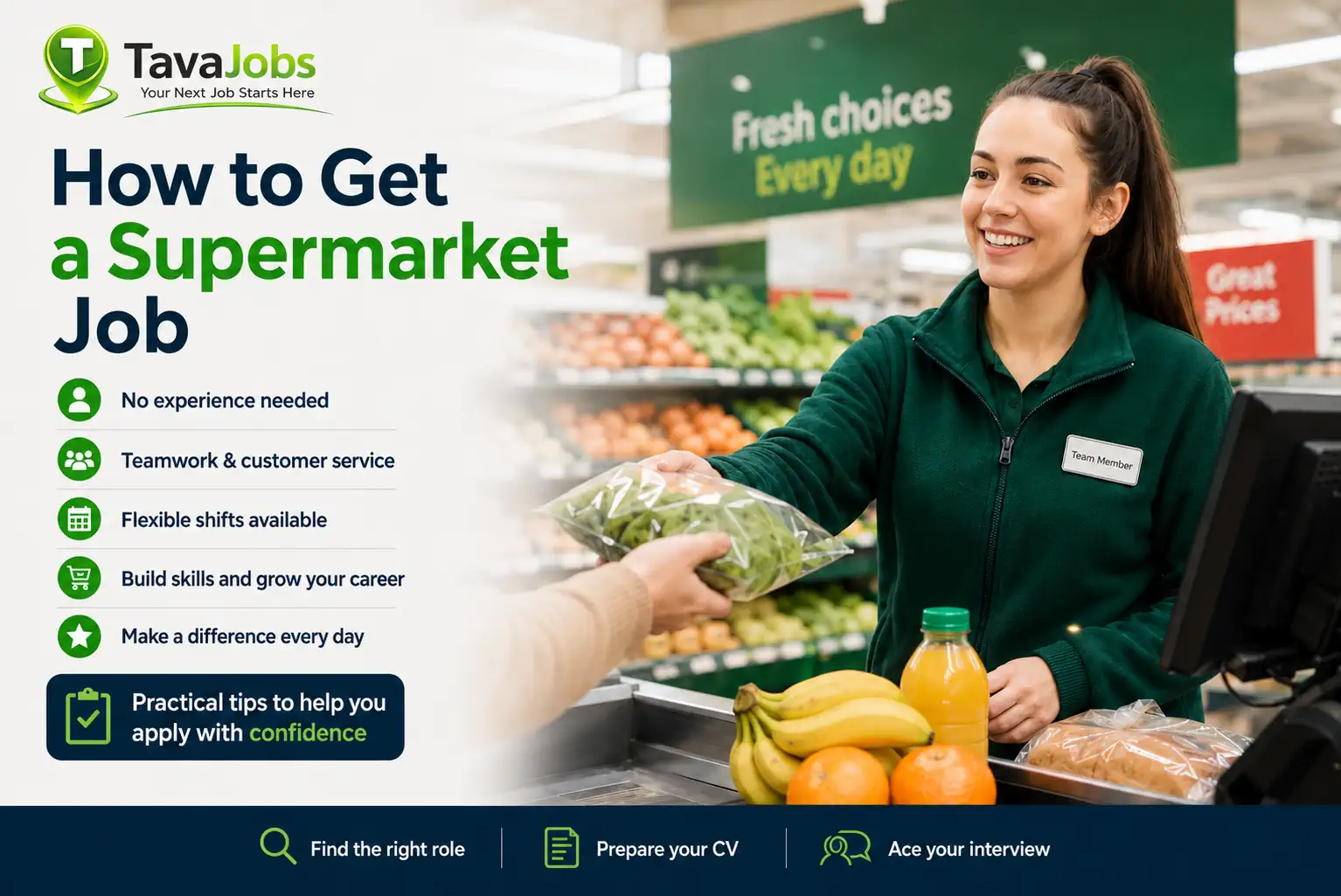 Supermarket worker helping a customer with shopping while showing tips for getting a supermarket job