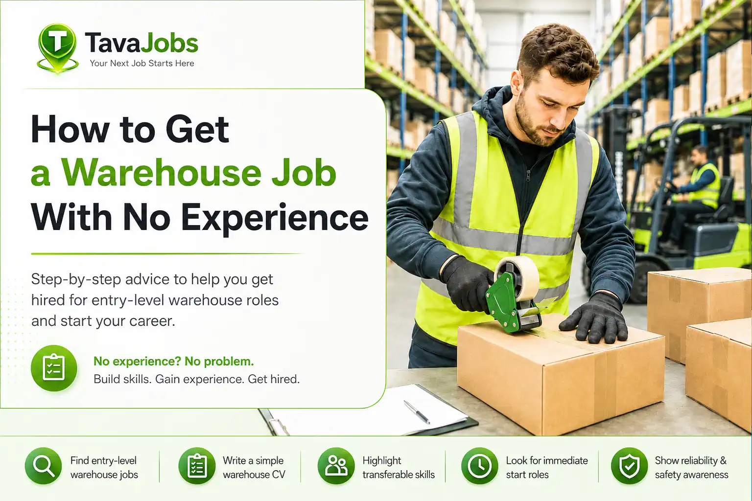 Warehouse worker packing orders in a modern warehouse with tips for getting a warehouse job with no experience