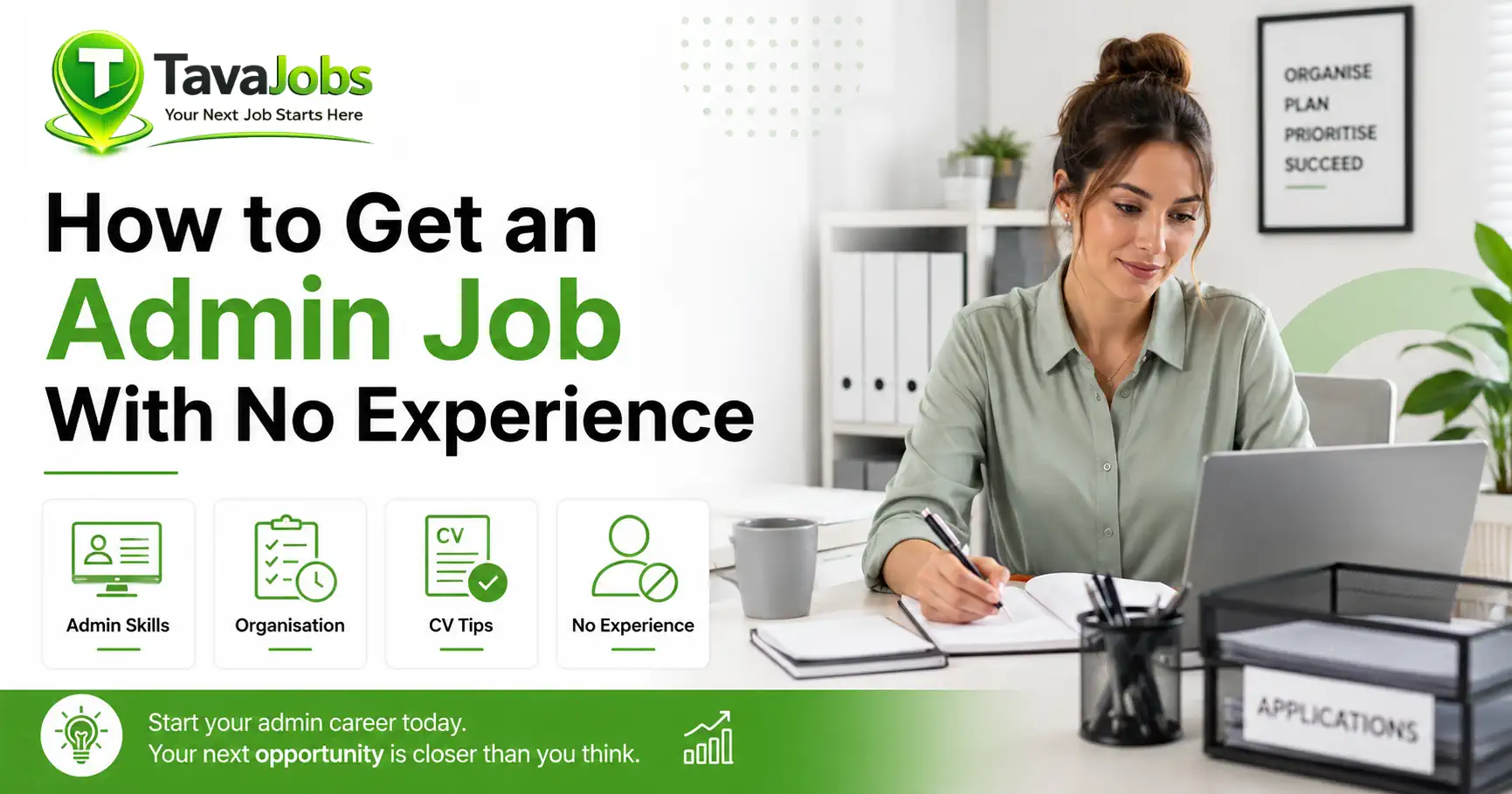 Job seeker preparing for an entry-level admin job with a laptop, notebook and CV tips
