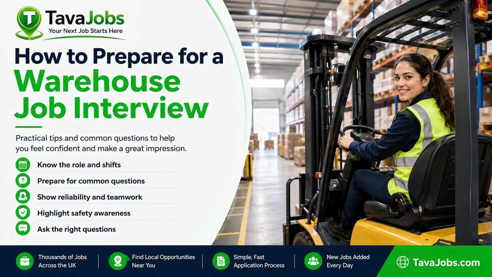 Female warehouse worker on a forklift with tips for preparing for a warehouse job interview