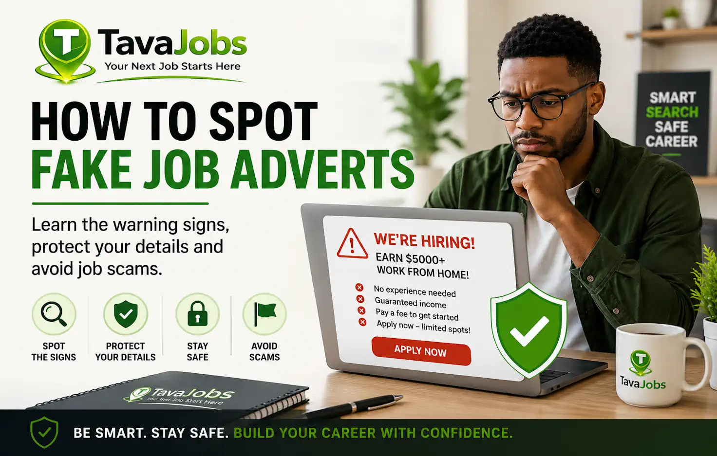 Job seeker checking a suspicious online job advert to spot warning signs and avoid job scams